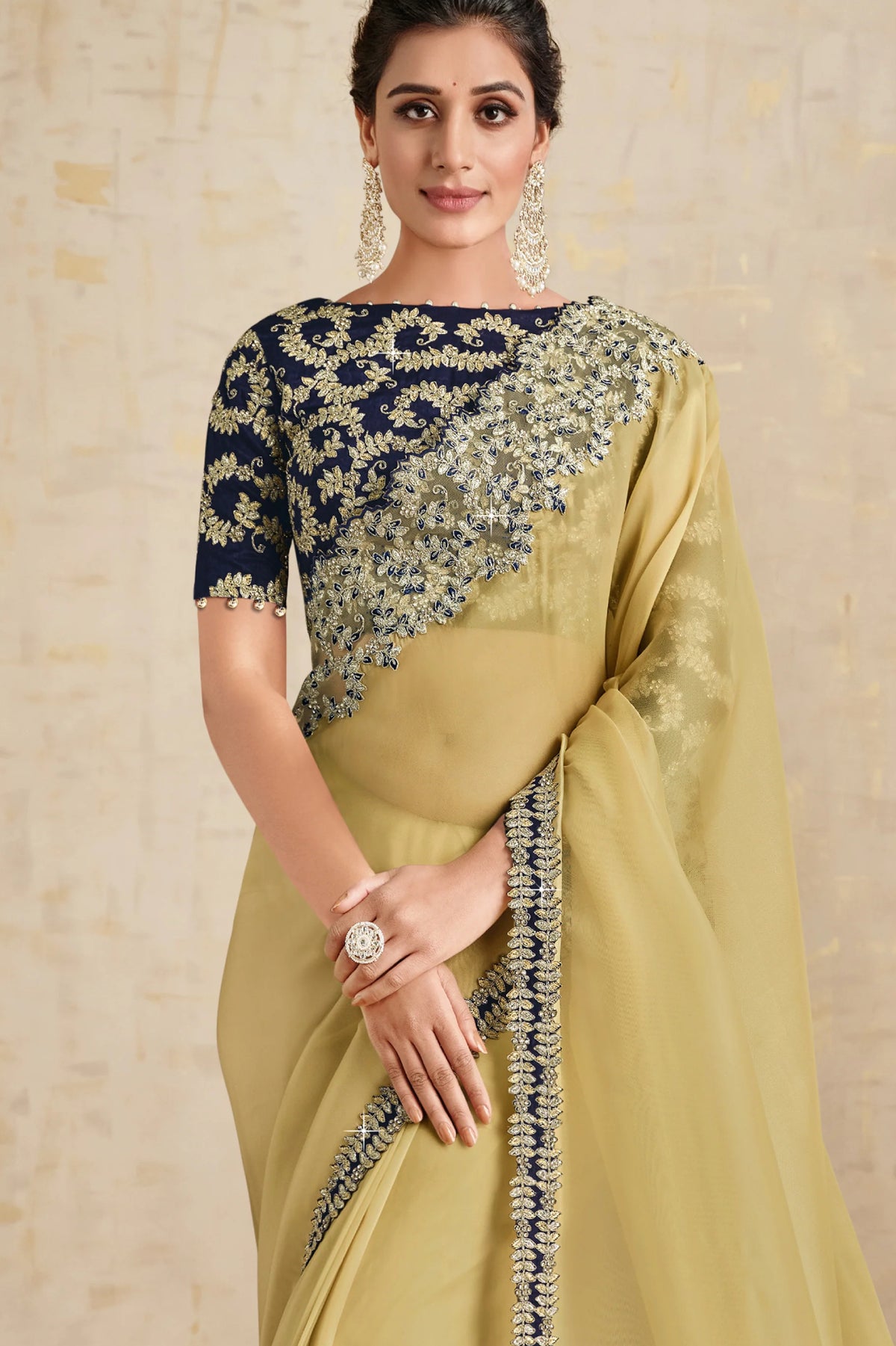 Yellow Floral Embroidered Net Organza Saree with Unstitched Blouse