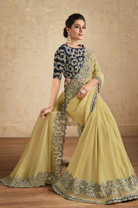 Yellow Floral Embroidered Net Organza Saree with Unstitched Blouse