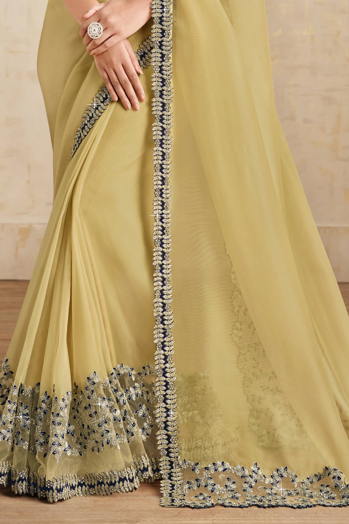 Yellow Floral Embroidered Net Organza Saree with Unstitched Blouse