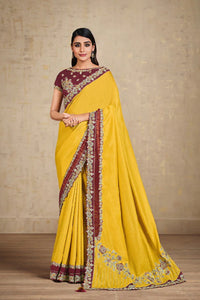 Heavy Work Yellow Tusser Silk Embroidered Saree