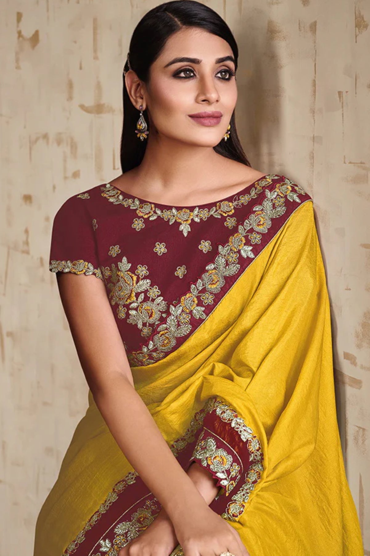 Heavy Work Yellow Tusser Silk Embroidered Saree