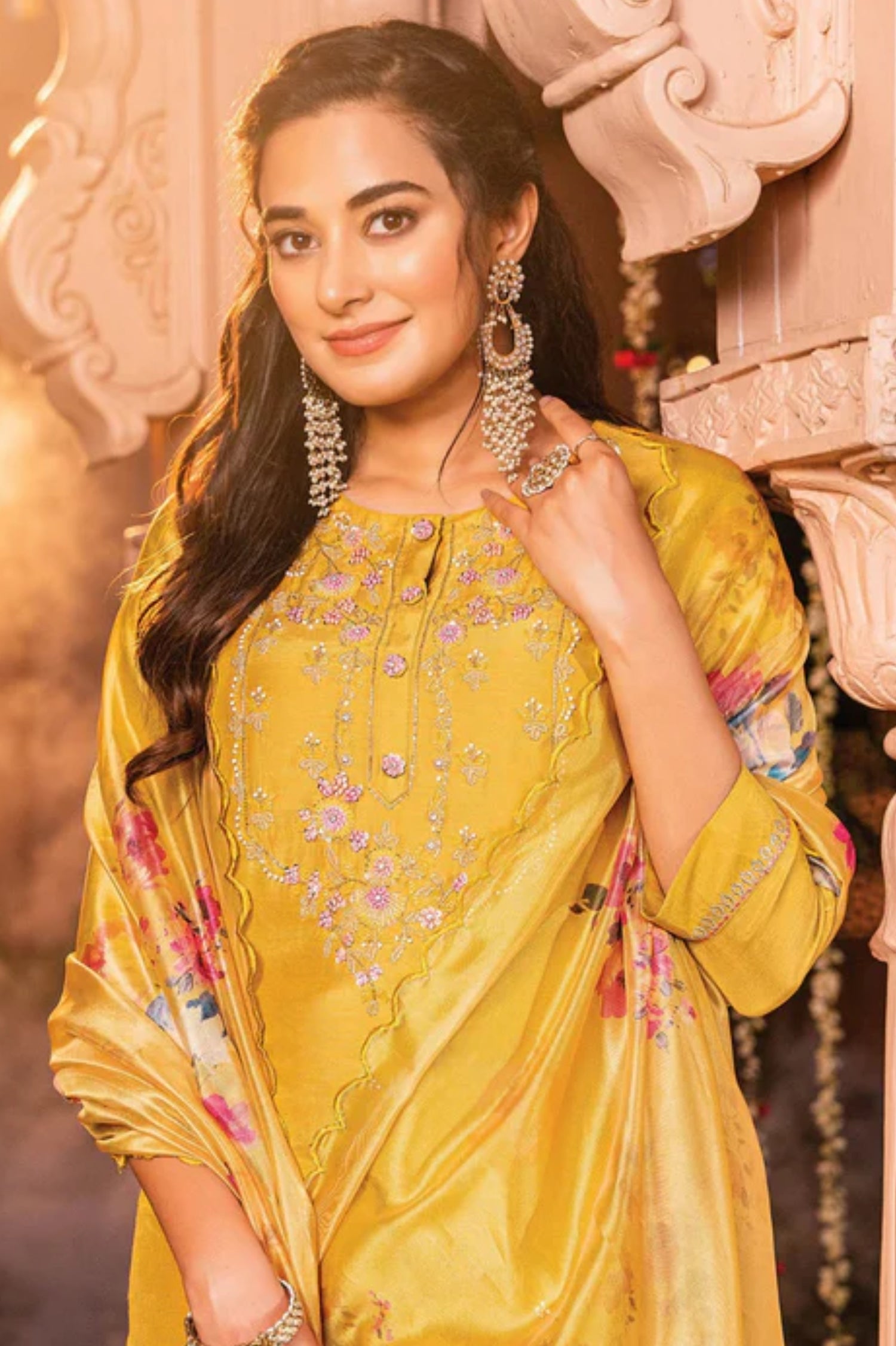 Yellow Handwork Embroidered Viscose Salwar Suit
