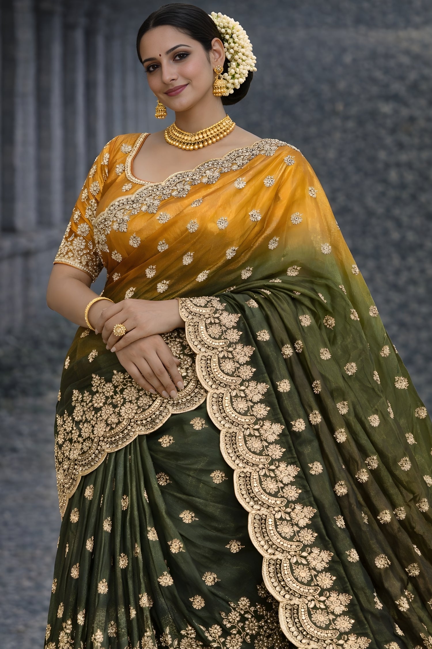Yellow with Dark Lava Velvet Shine Silk Saree with Gold Beads Work