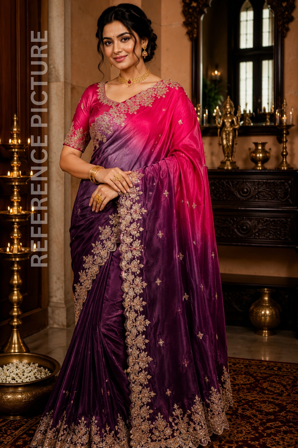Rich Carmine & Purple Double Tone Pure Space Silk Saree with Original Gold Beads Handwork