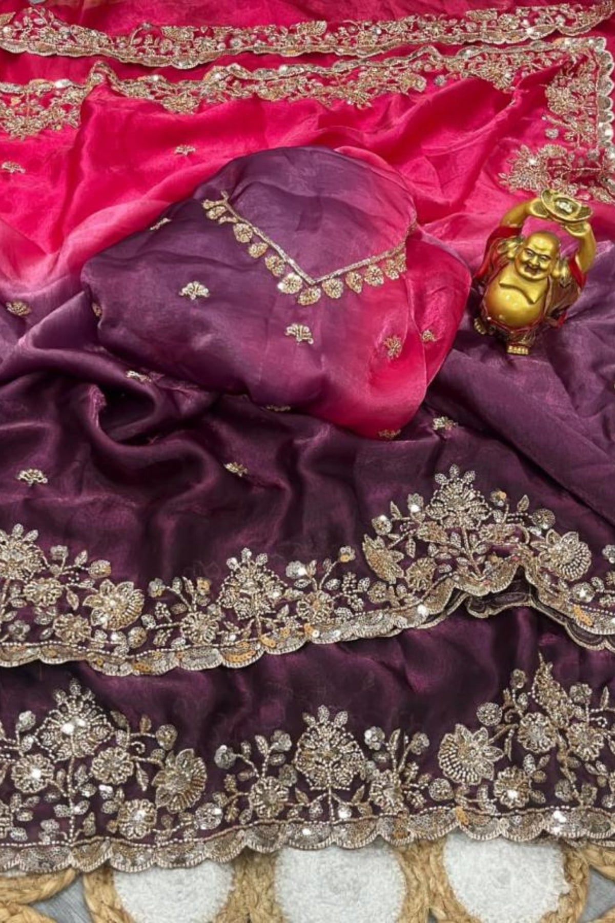 Rich Carmine & Purple Double Tone Pure Space Silk Saree with Original Gold Beads Handwork