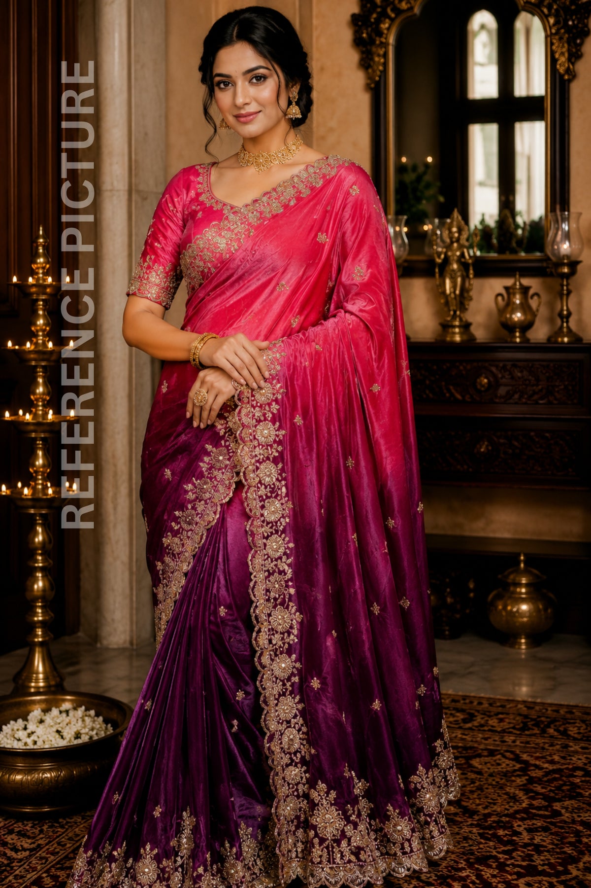 Coral Pink & Purple Double Tone Pure Space Silk Saree with Original Gold Beads Work