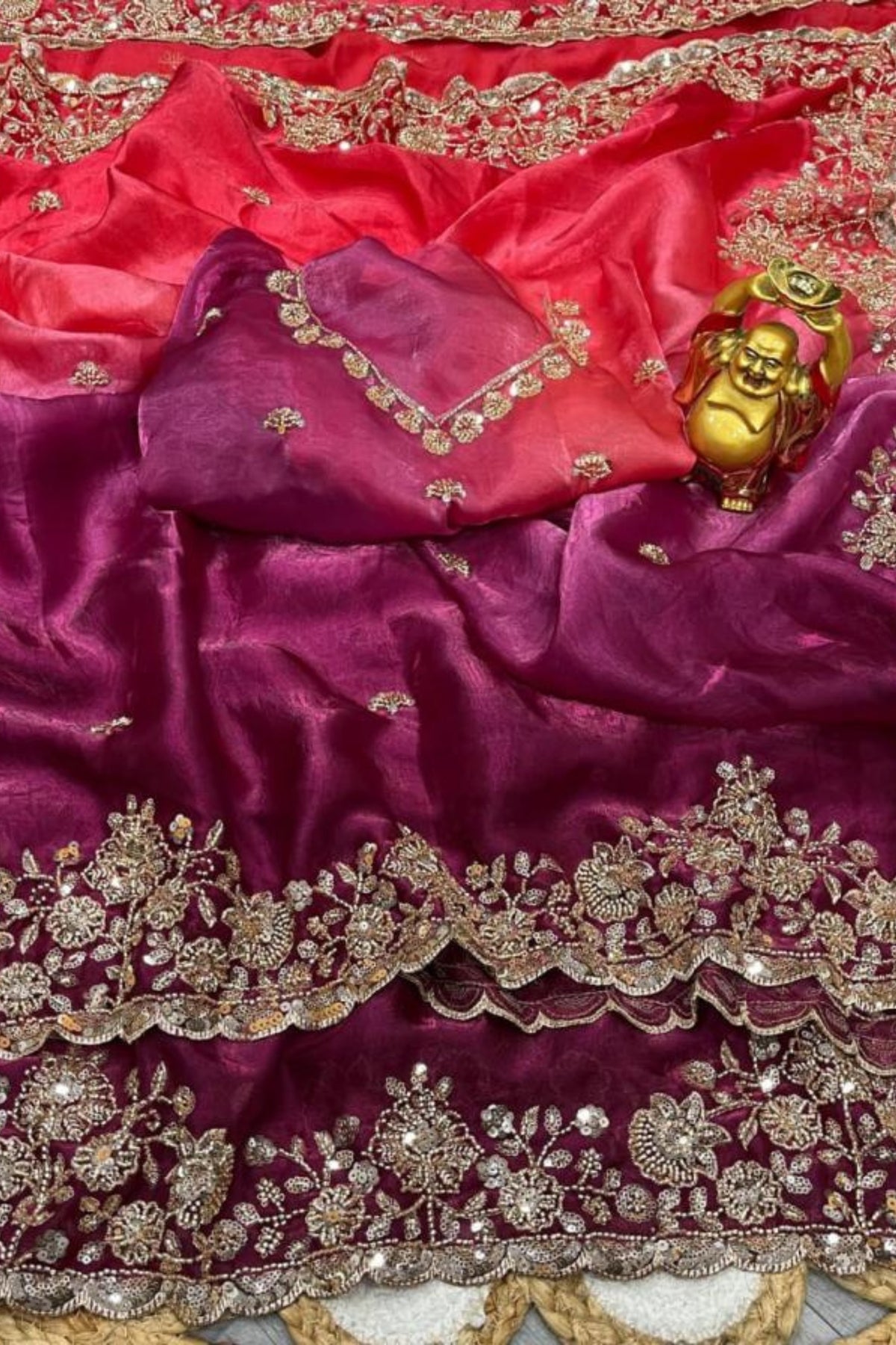 Coral Pink & Purple Double Tone Pure Space Silk Saree with Original Gold Beads Work