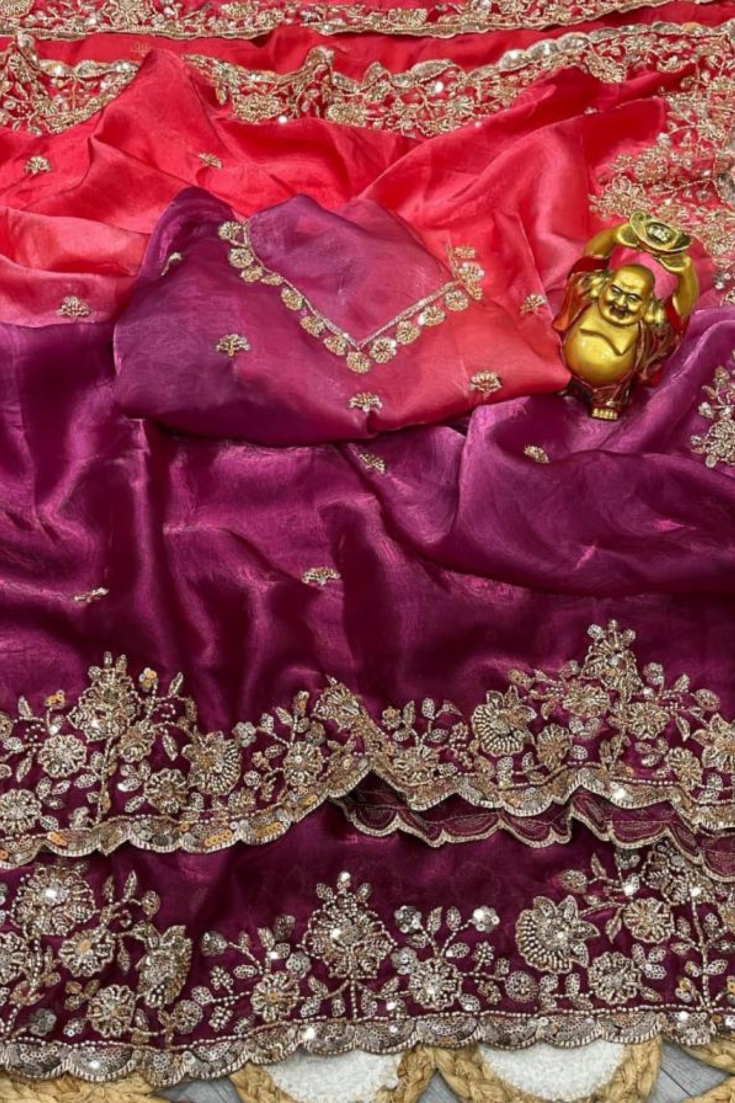 Coral Pink & Purple Double Tone Pure Space Silk Saree with Original Gold Beads Work