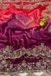 Coral Pink & Purple Double Tone Pure Space Silk Saree with Original Gold Beads Work