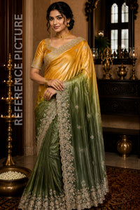 Yellow & Green Double Tone Pure Space Silk Saree with Original Gold Beads Work