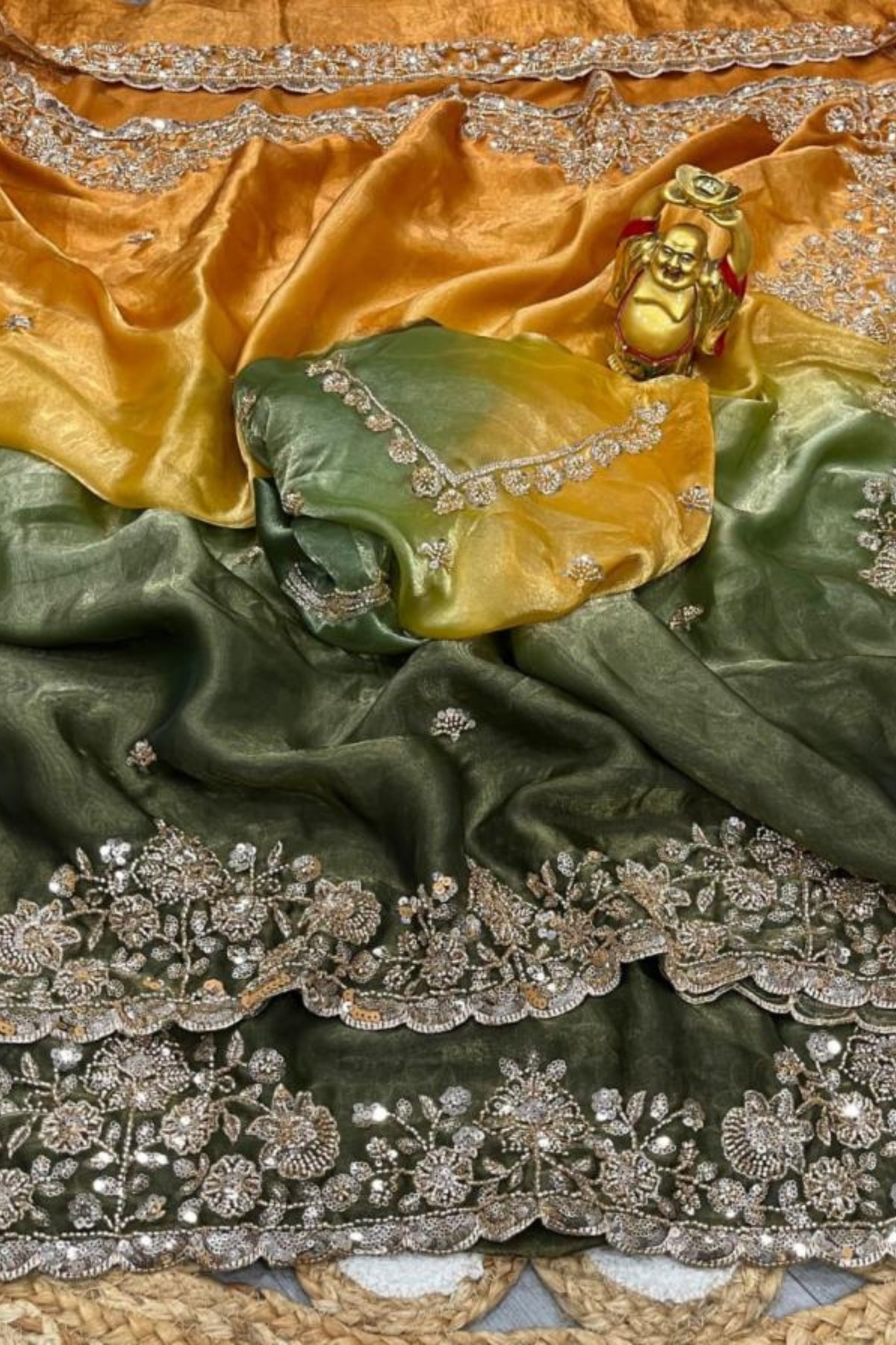 Yellow & Green Double Tone Pure Space Silk Saree with Original Gold Beads Work