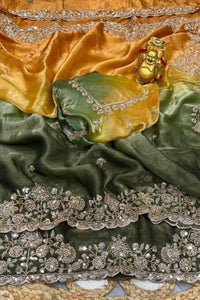 Yellow & Green Double Tone Pure Space Silk Saree with Original Gold Beads Work
