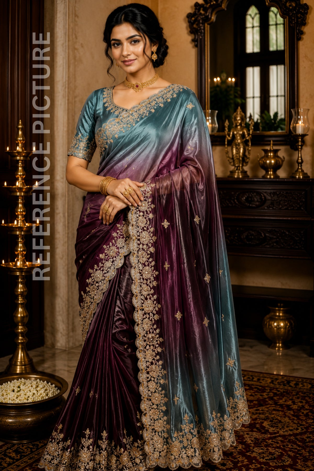 Grey & Brown Double Tone Pure Space Silk Saree with Original Gold Beads Work