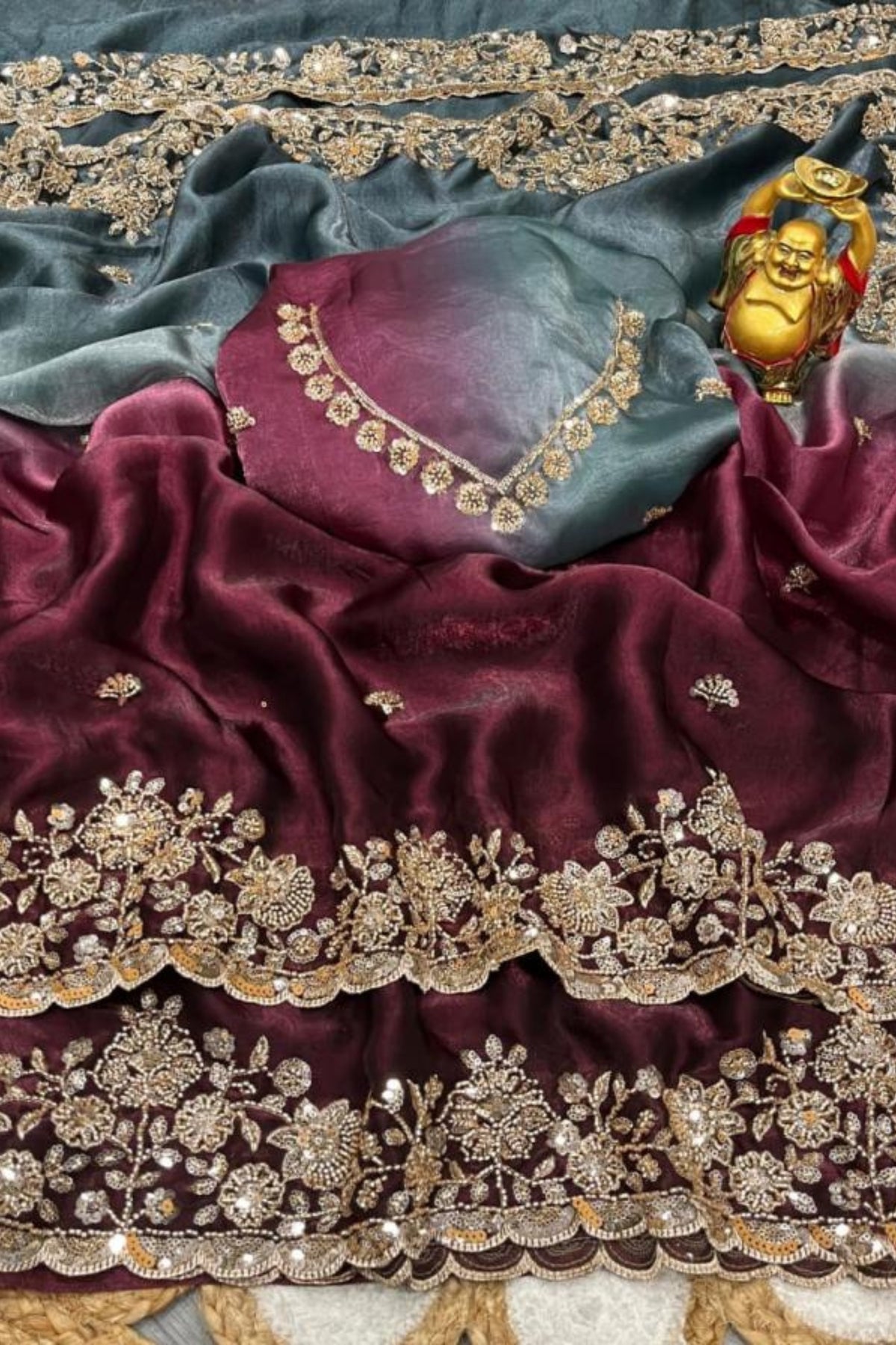 Grey & Brown Double Tone Pure Space Silk Saree with Original Gold Beads Work