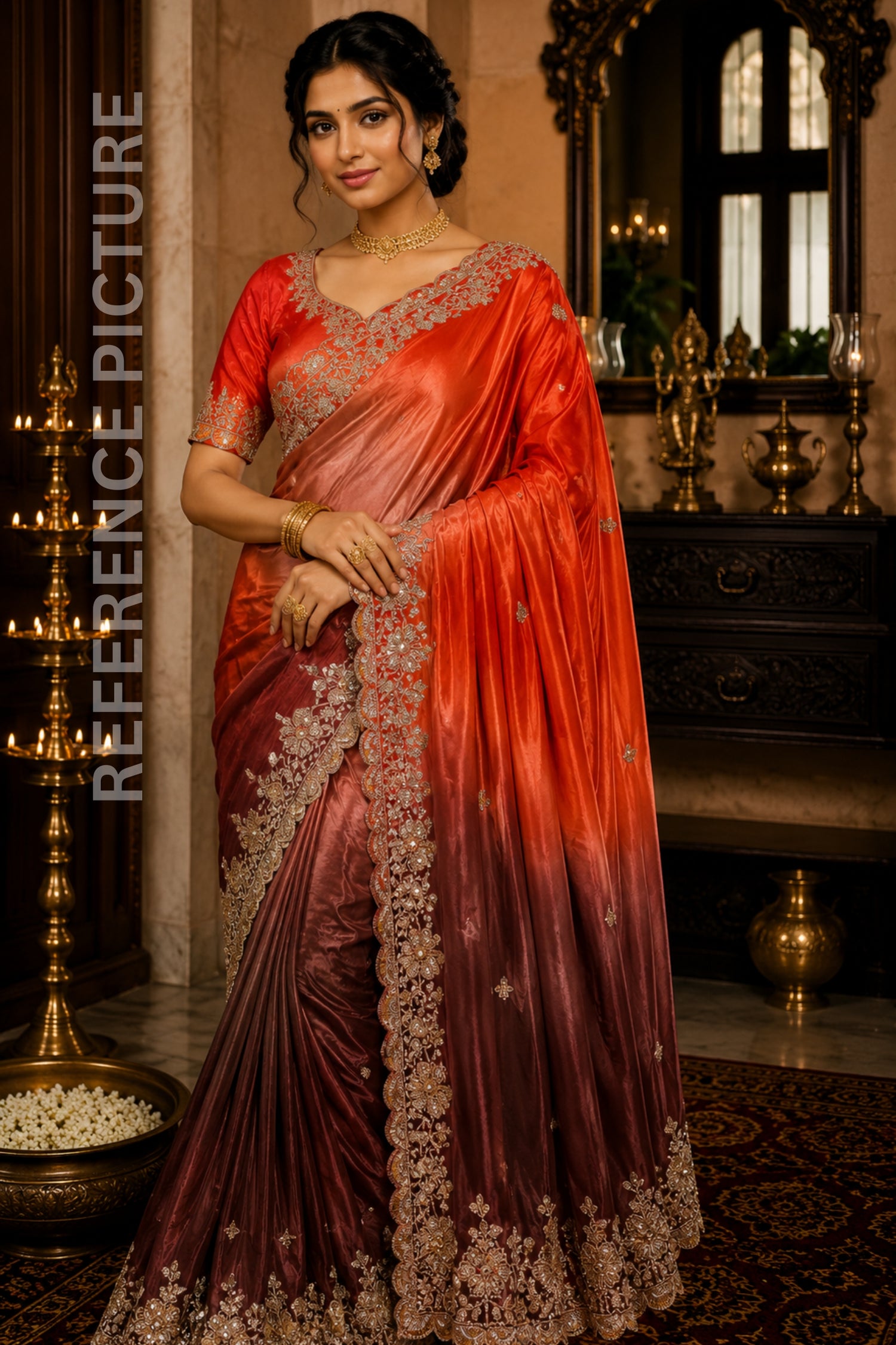 Orange & Brown Double Tone Pure Space Silk Saree with Original Gold Beads Work