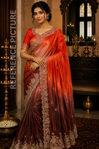 Orange & Brown Double Tone Pure Space Silk Saree with Original Gold Beads Work