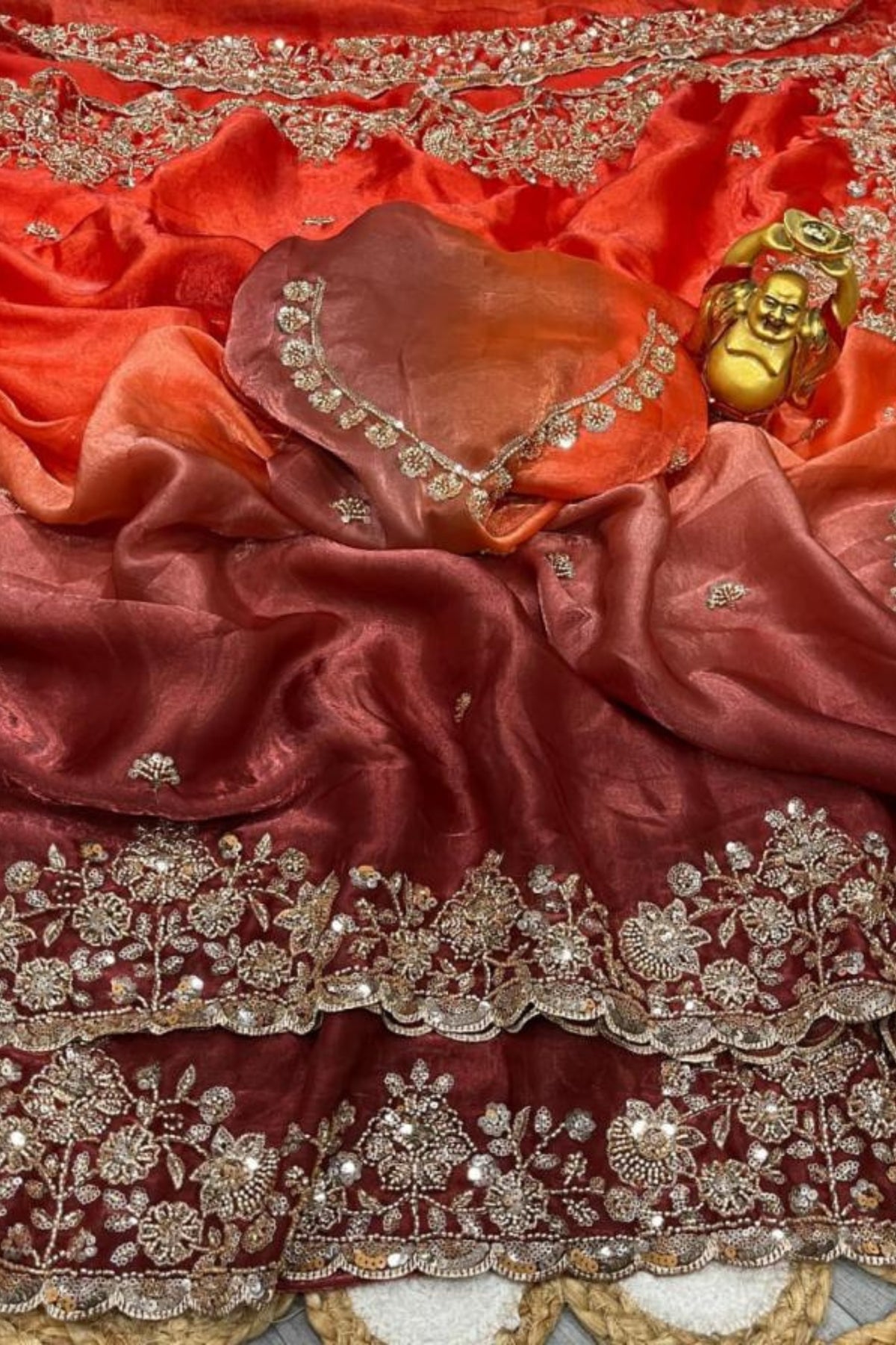 Orange & Brown Double Tone Pure Space Silk Saree with Original Gold Beads Work