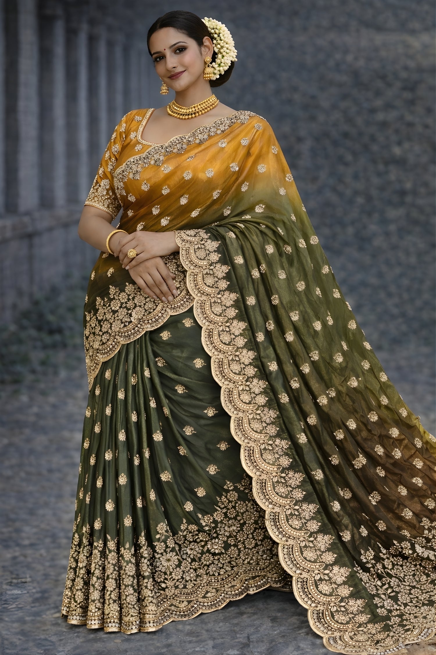Yellow with Dark Lava Velvet Shine Silk Saree with Gold Beads Work