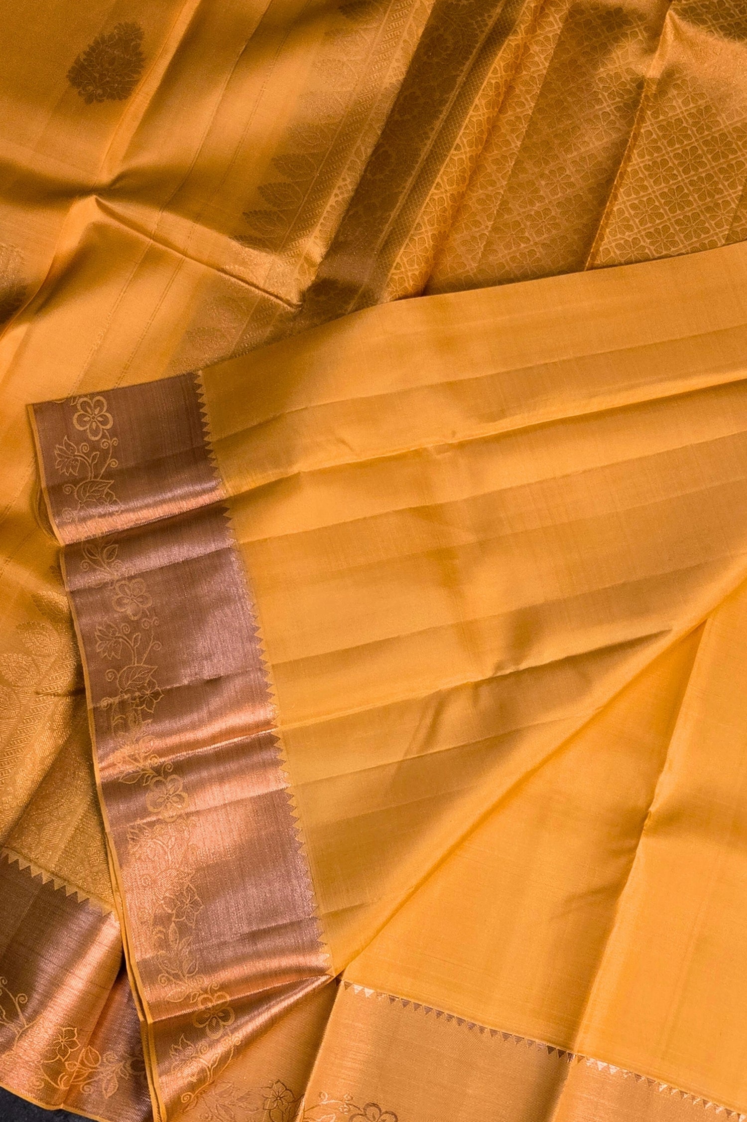 Orangish Yellow Kanchipuram Silk Saree with Zari Border