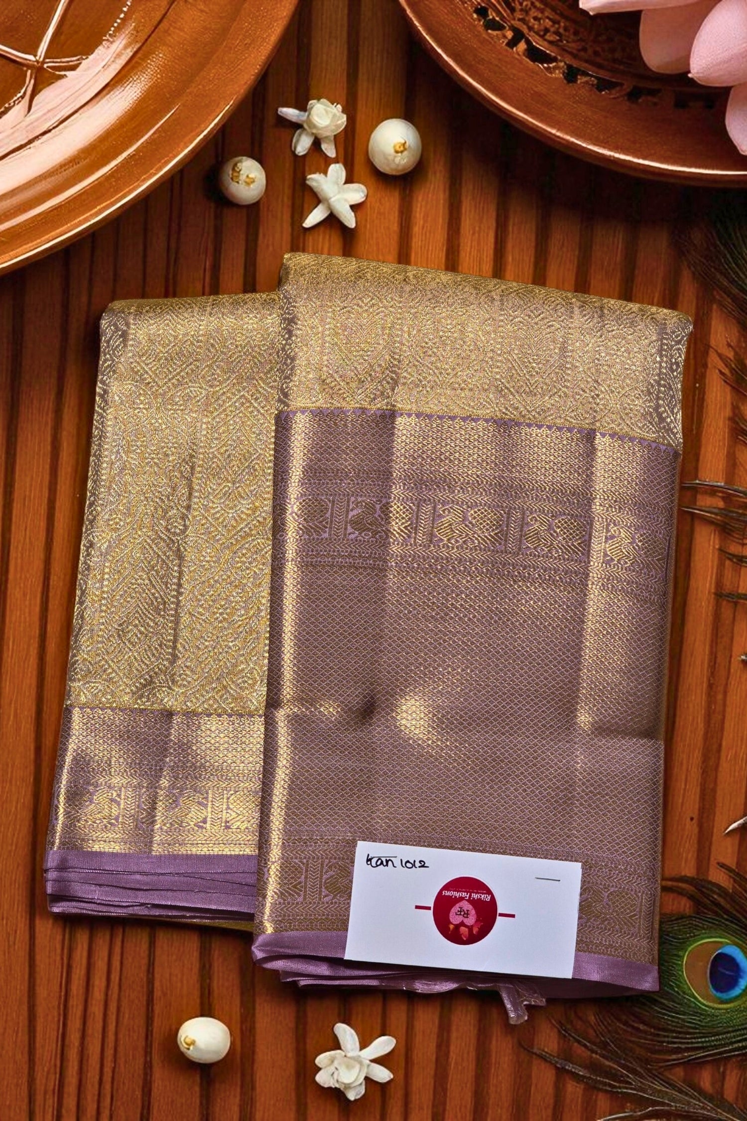 Golden Grace with Royal Hues – Beige and Purple Kanchipuram Silk Saree