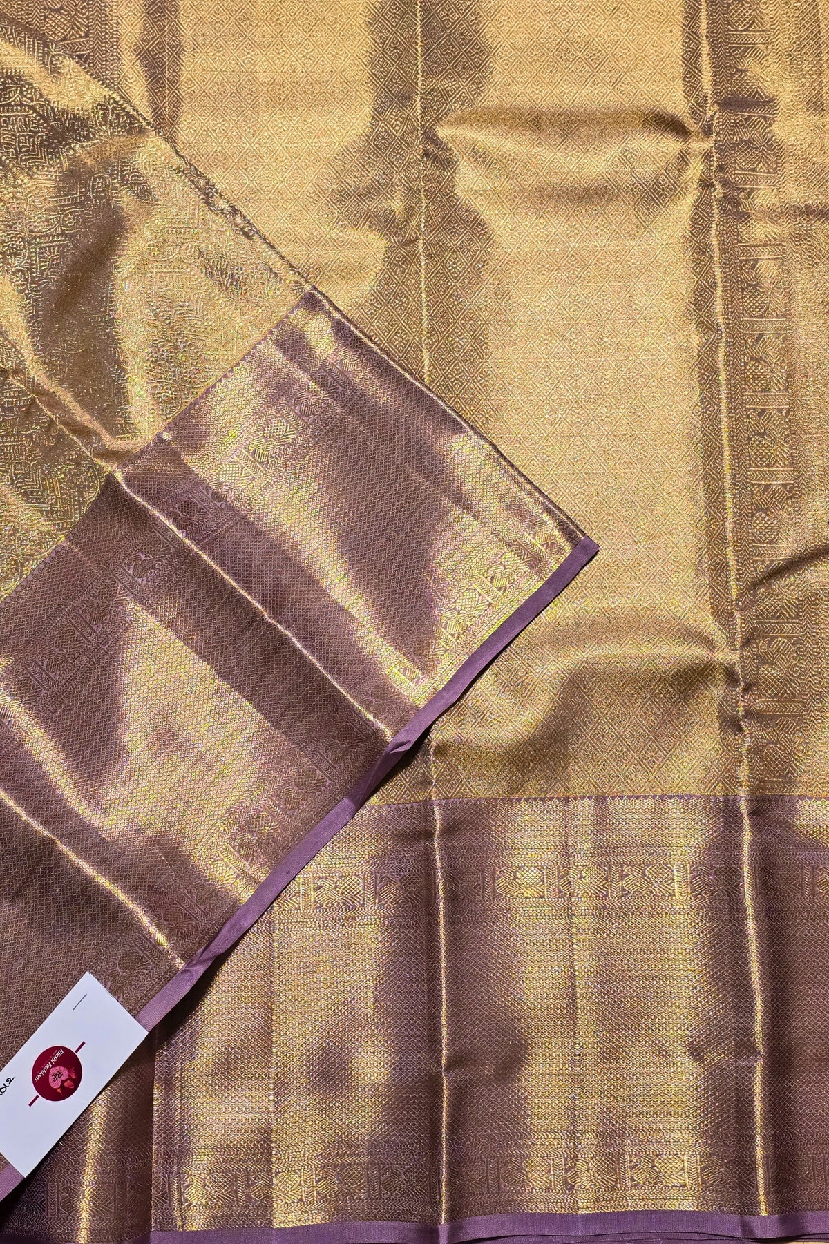 Golden Grace with Royal Hues – Beige and Purple Kanchipuram Silk Saree