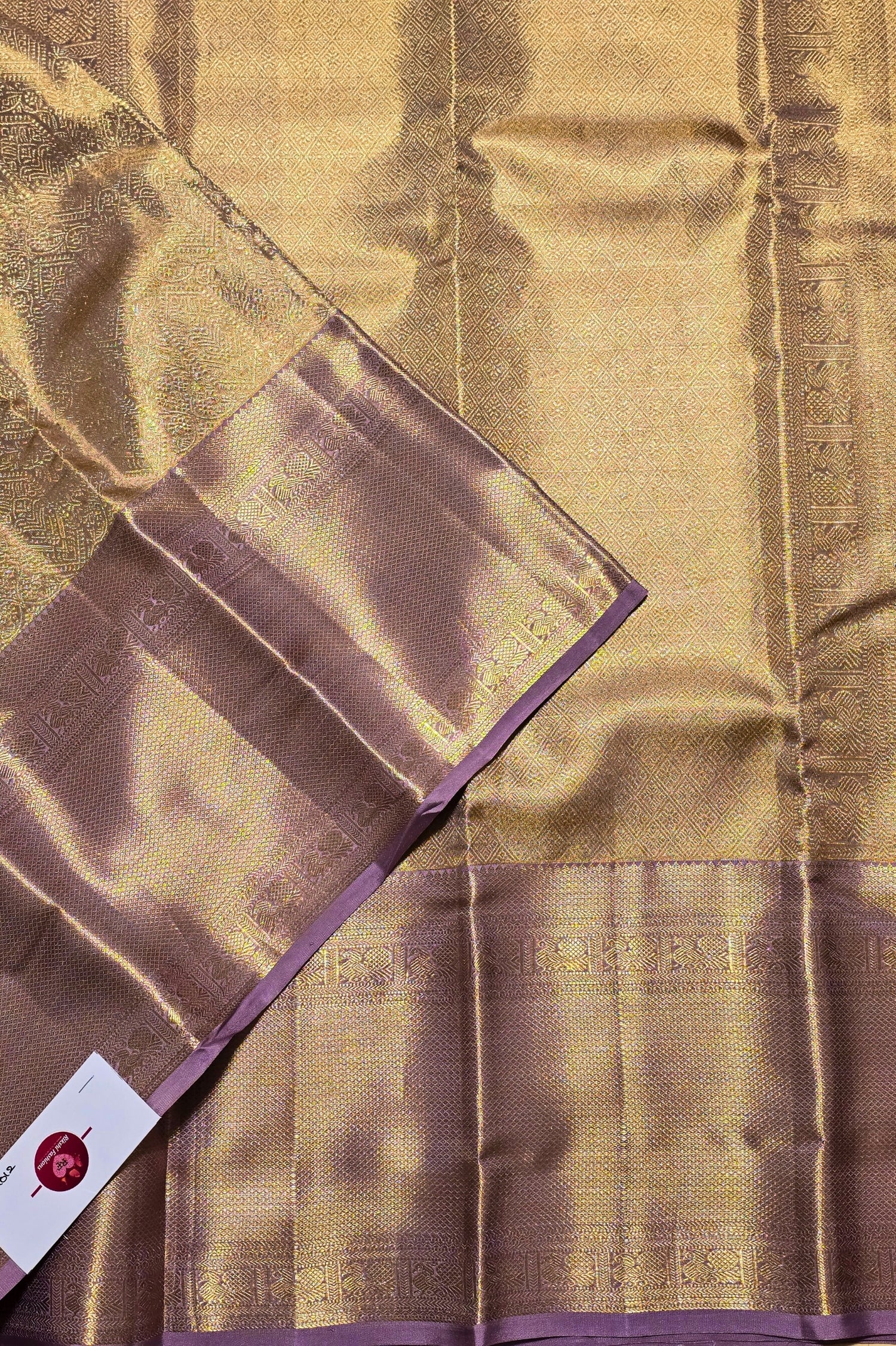 Golden Grace with Royal Hues – Beige and Purple Kanchipuram Silk Saree