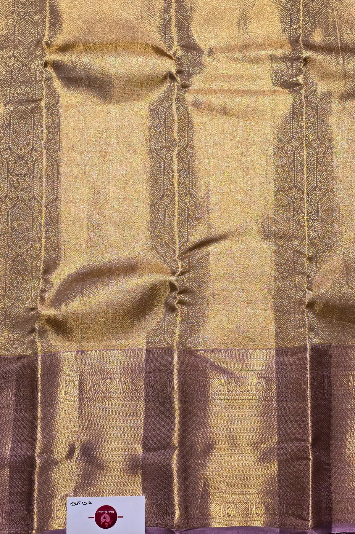 Golden Grace with Royal Hues – Beige and Purple Kanchipuram Silk Saree