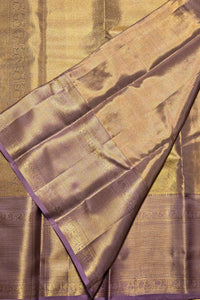 Golden Grace with Royal Hues – Beige and Purple Kanchipuram Silk Saree