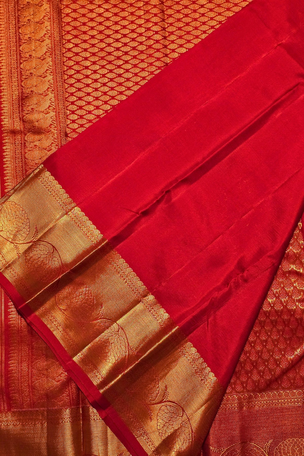 Red saree with gold border and patterns