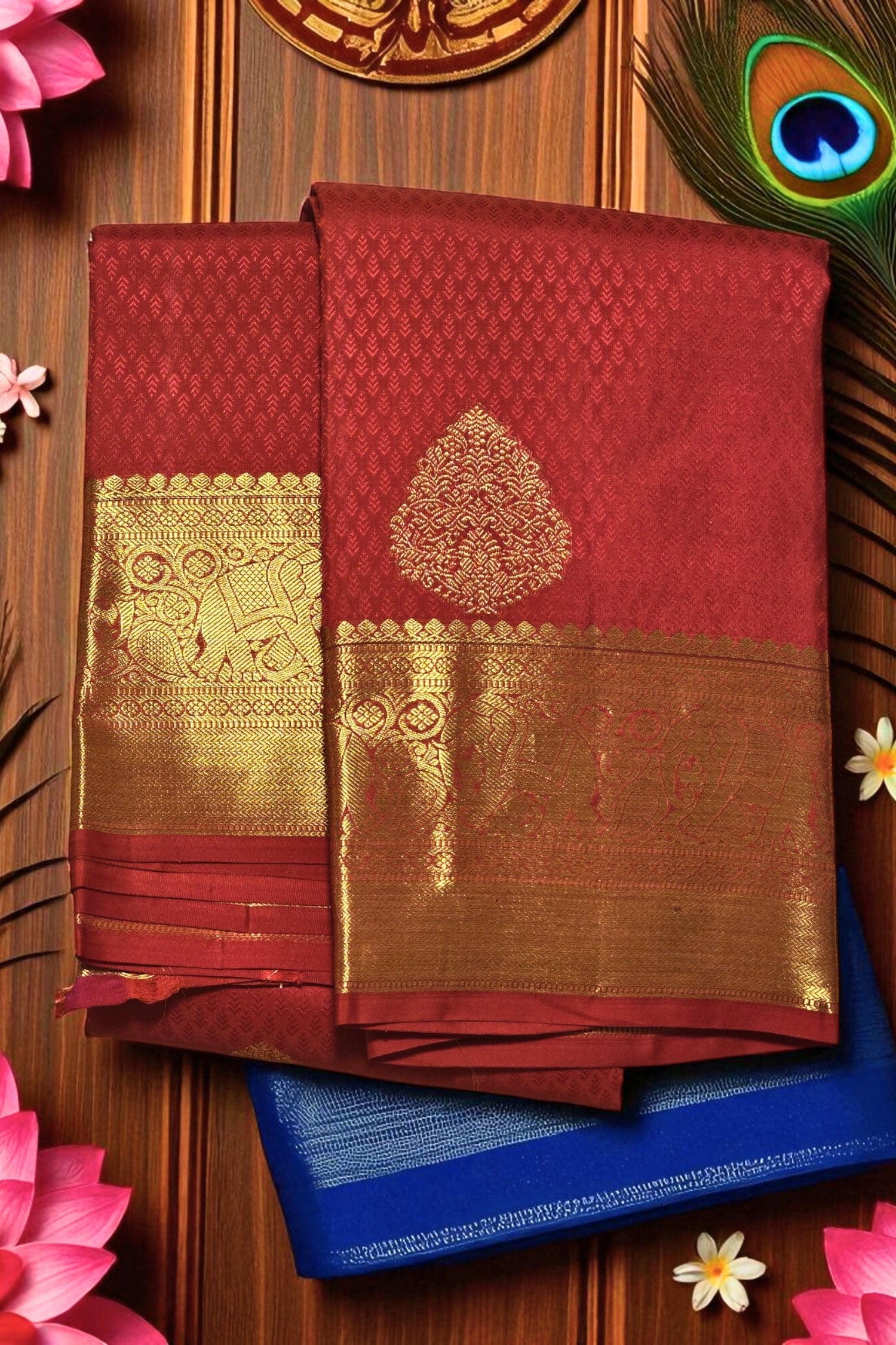 Red saree with gold patterns on a wooden background
