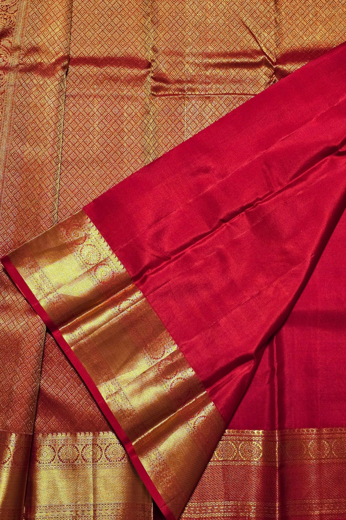 Red Ruby Flame Kanchipuram Silk Saree with Traditional Gold Weave