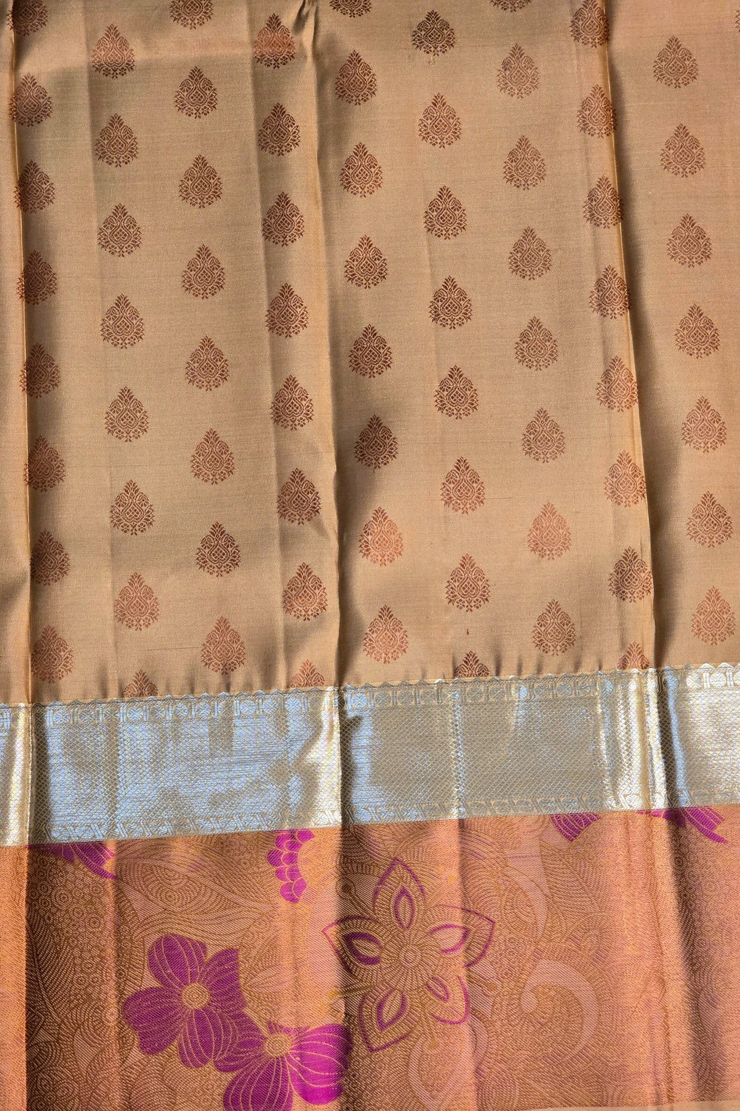 Orange with Pink Floral Kanchipuram Silk Saree