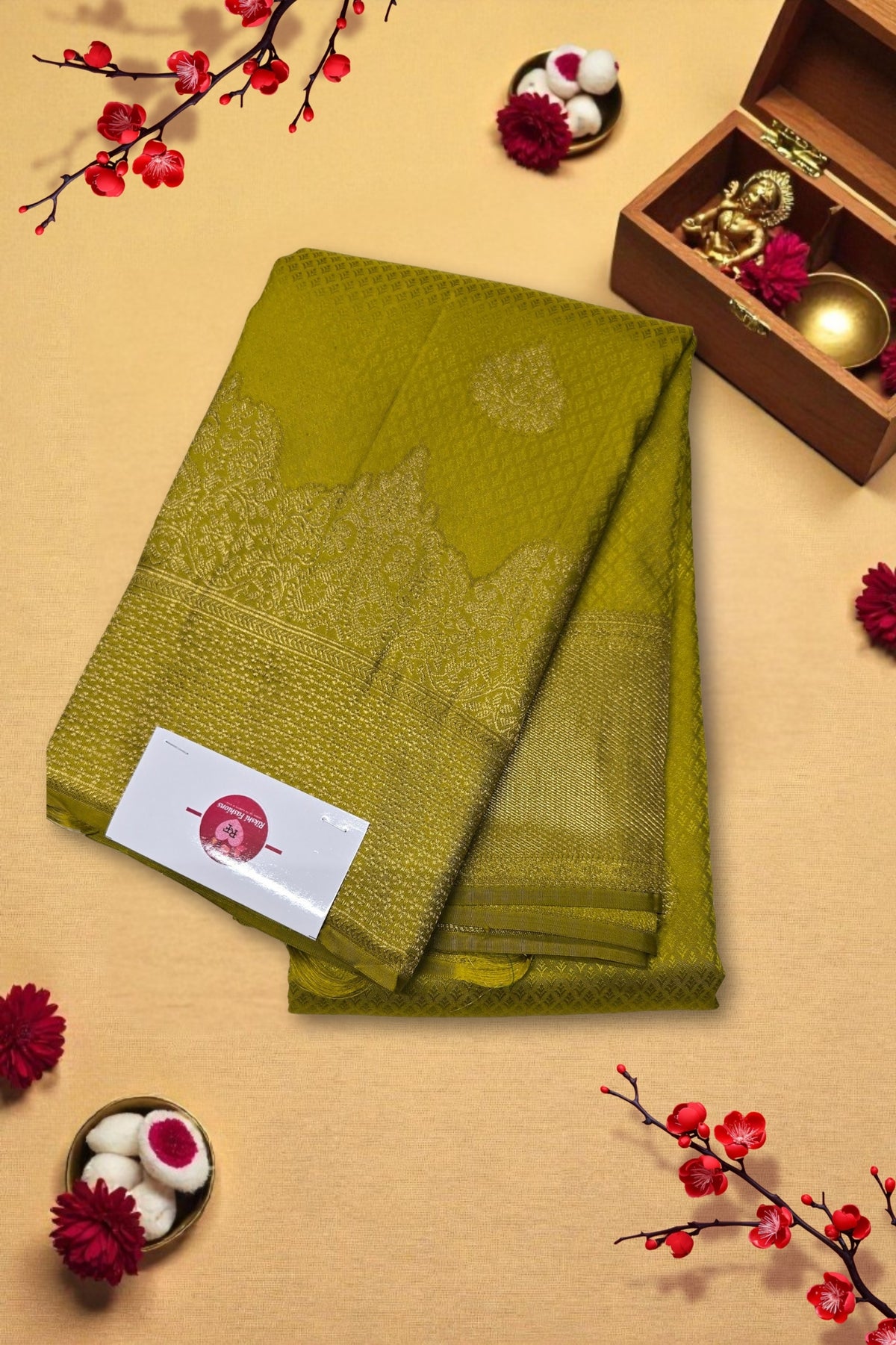 Android Green Kanchipuram Silk Saree with Gold Border