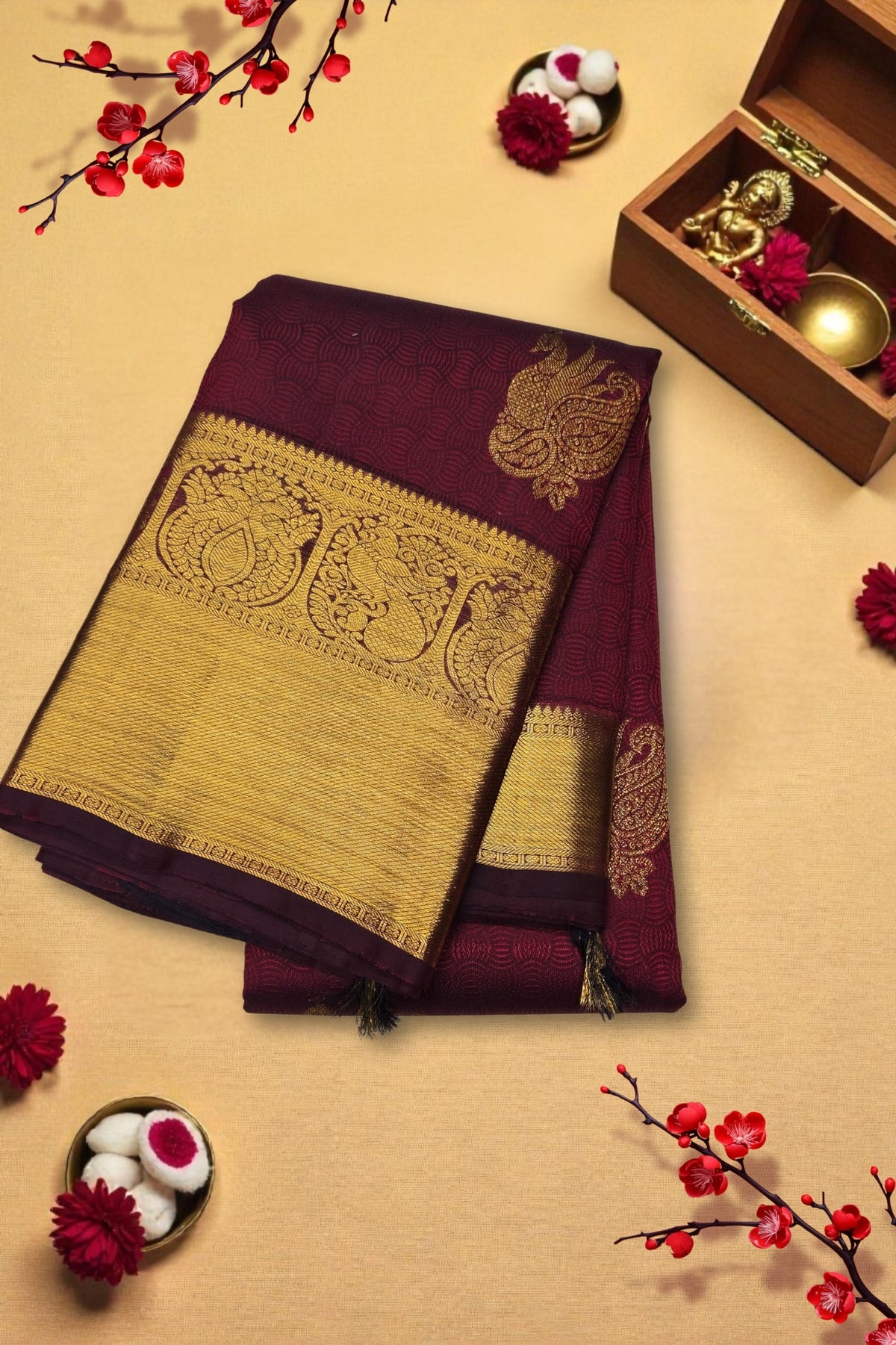 Maroon saree with gold border on a beige background with decorative elements
