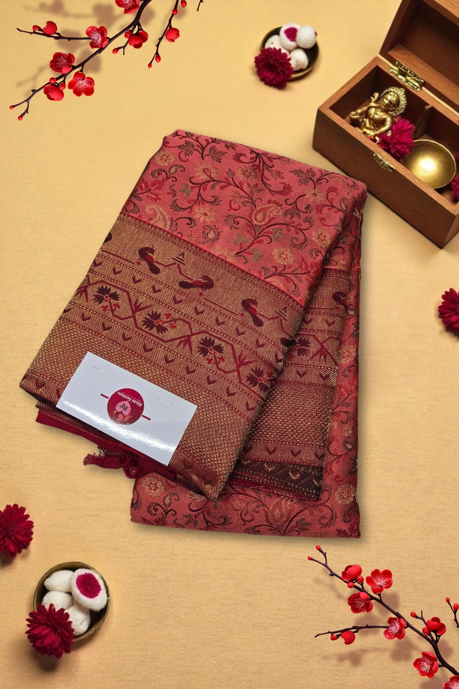 Red and brown patterned fabric with a small box and decorative items on a beige background