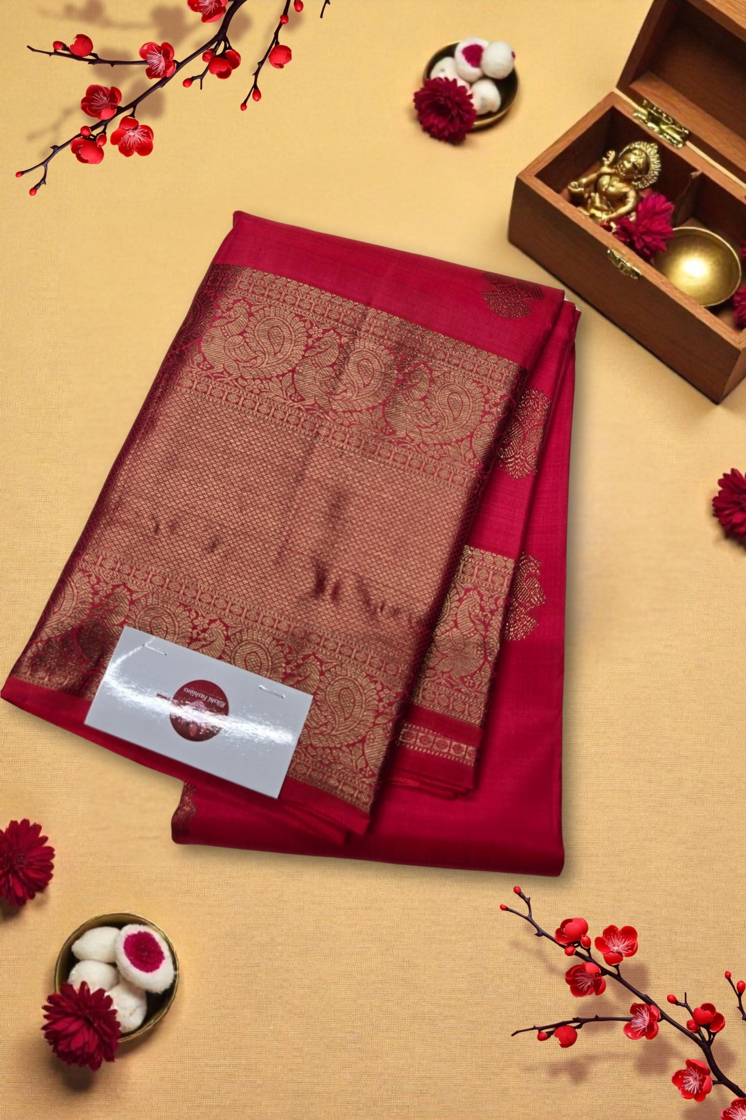 Red saree with gold border on a beige background with decorative elements