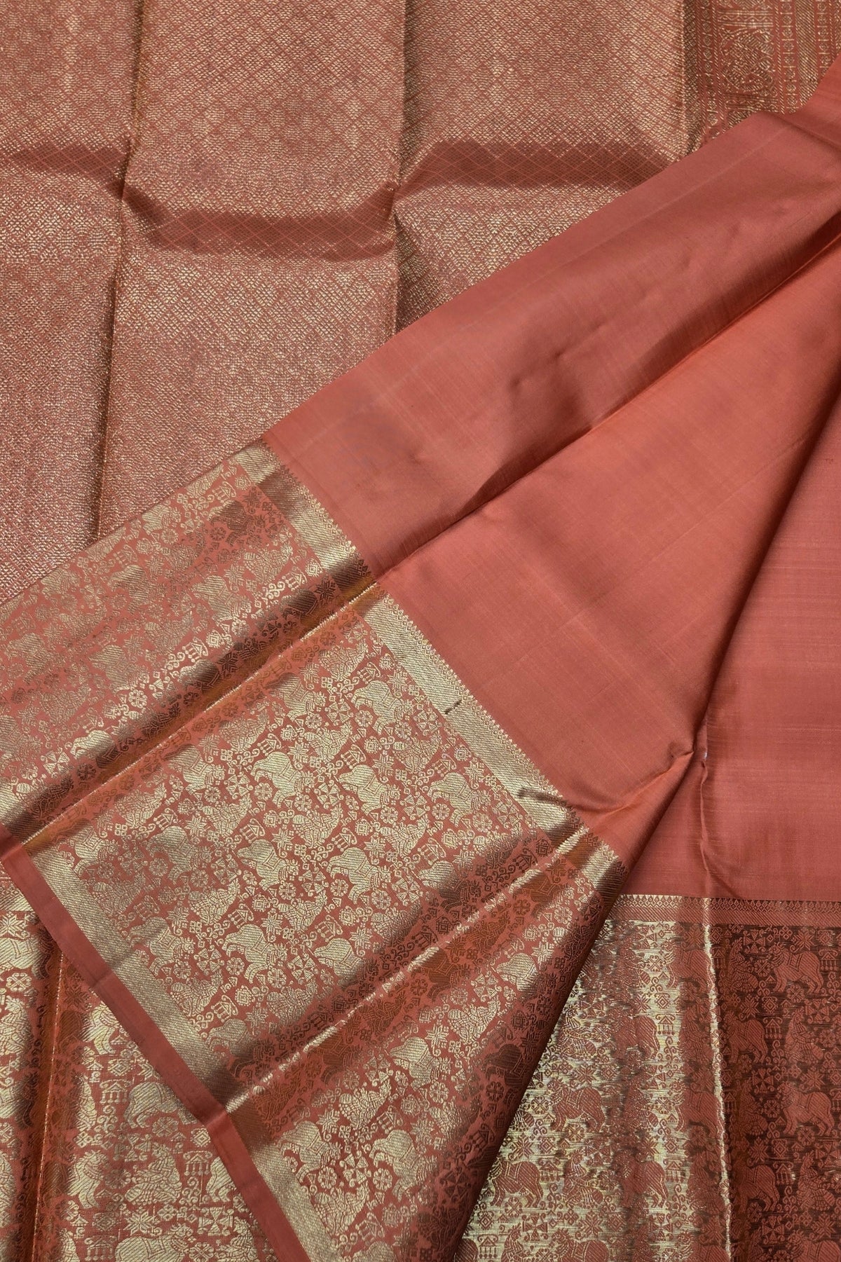 Falu Red Kanchipuram Silk Saree with Gold Border