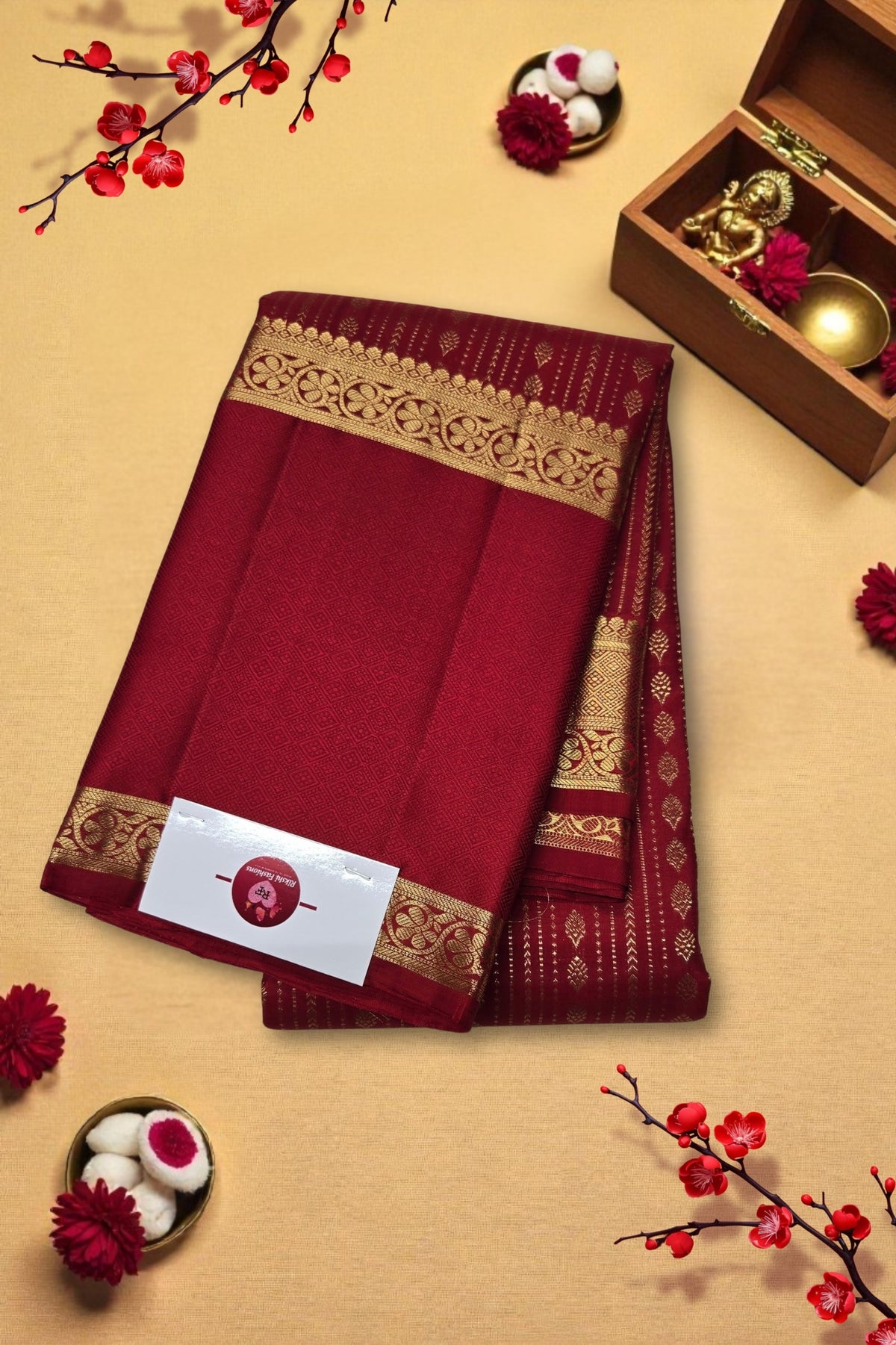 Red saree with gold border on a beige background with decorative elements