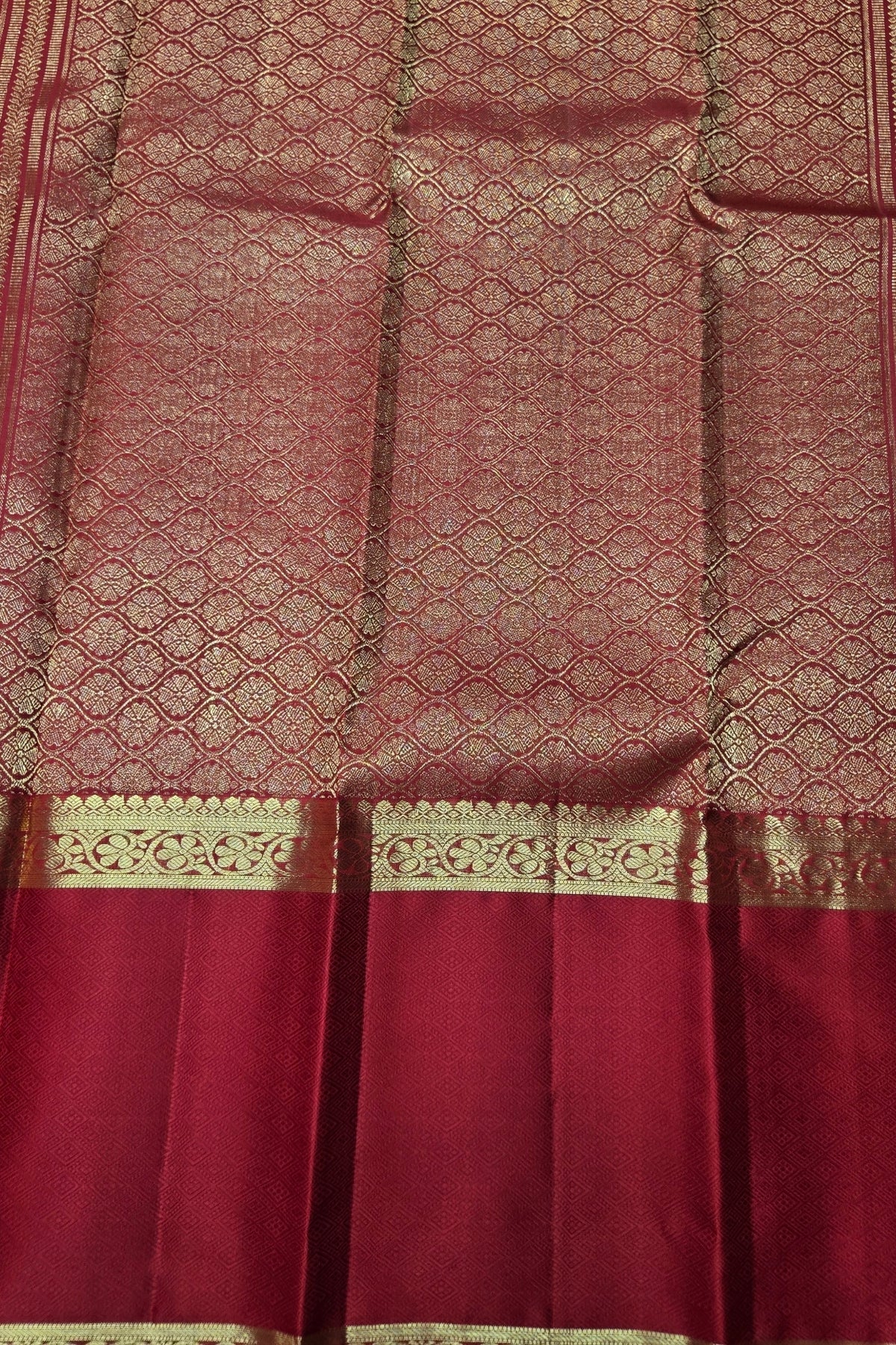 Red Kanchipuram Silk Saree with Gold Patterns and Border