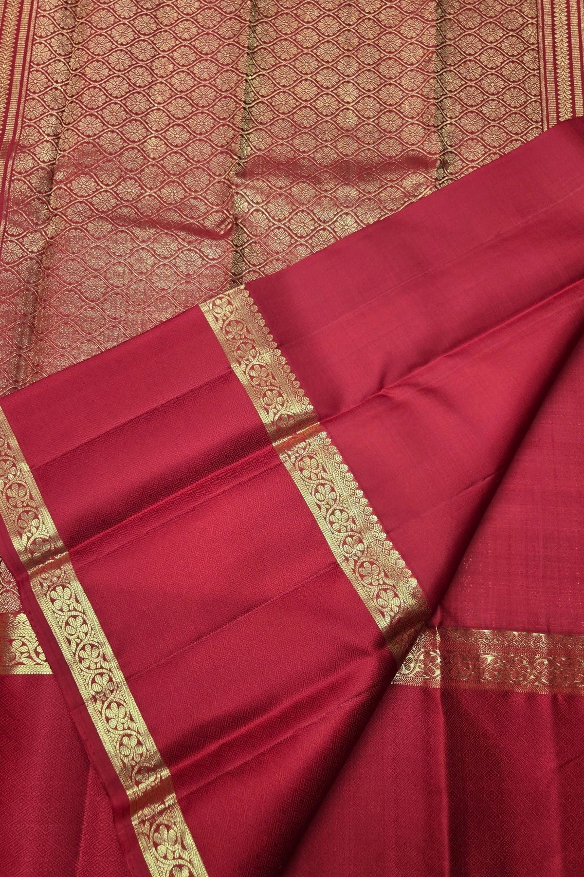 Red Kanchipuram Silk Saree with Gold Patterns and Border