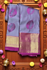 Delicate Lavender Kanchipuram Silk Saree with Pink Leaf Motif Design