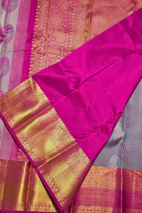 Delicate Lavender Kanchipuram Silk Saree with Pink Leaf Motif Design