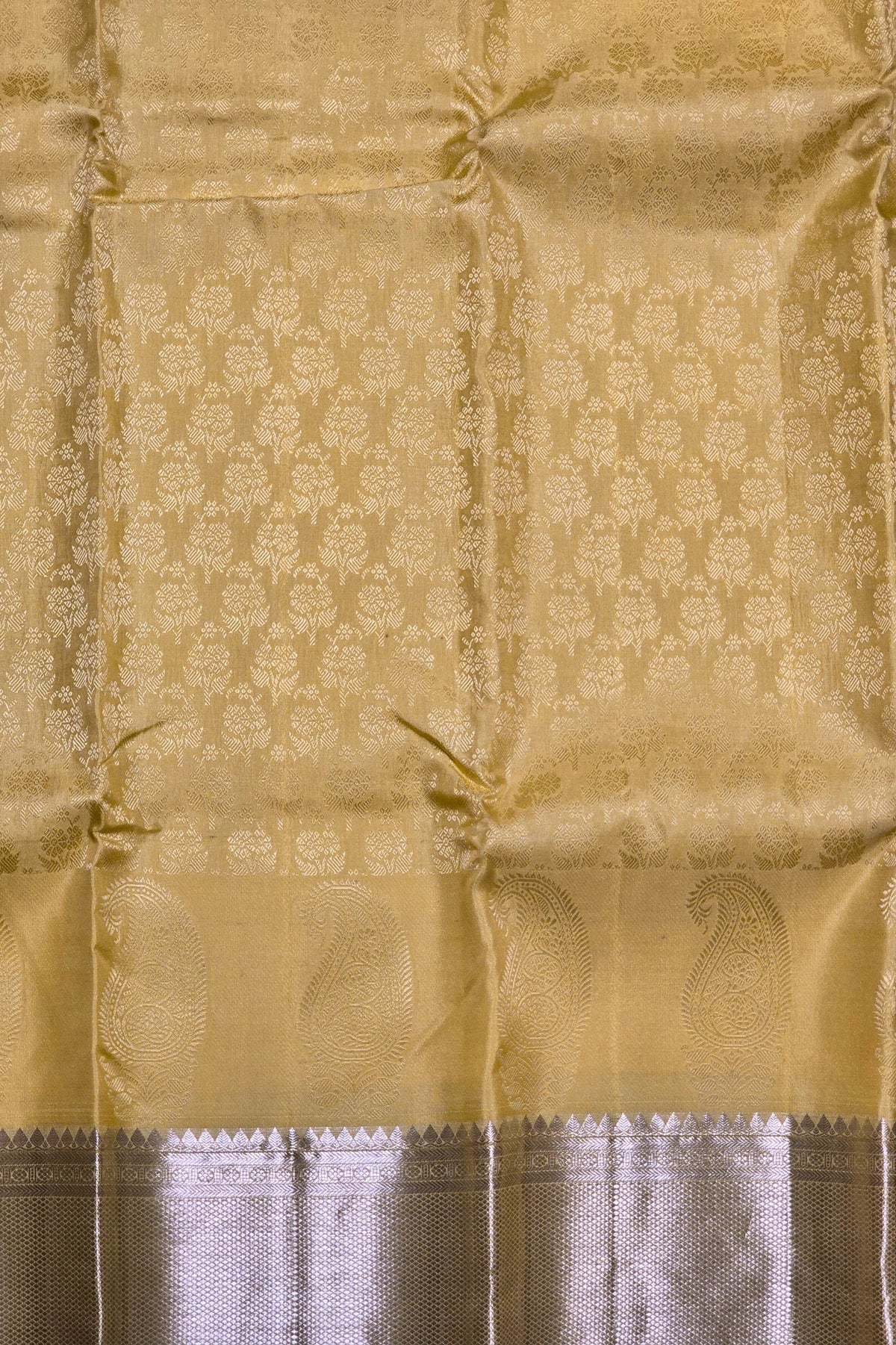 Gold fabric with intricate pattern and silver border