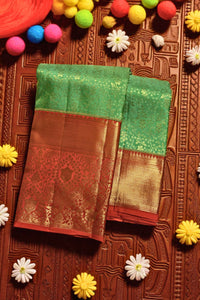 Green and brown saree with floral decorations on a textured brown background