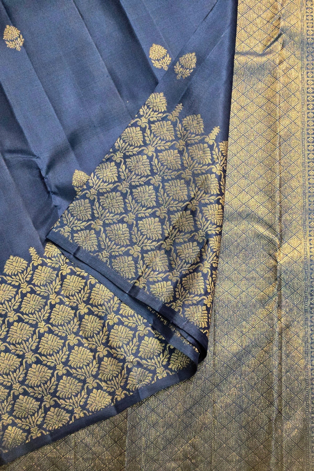 Blue fabric with gold floral patterns