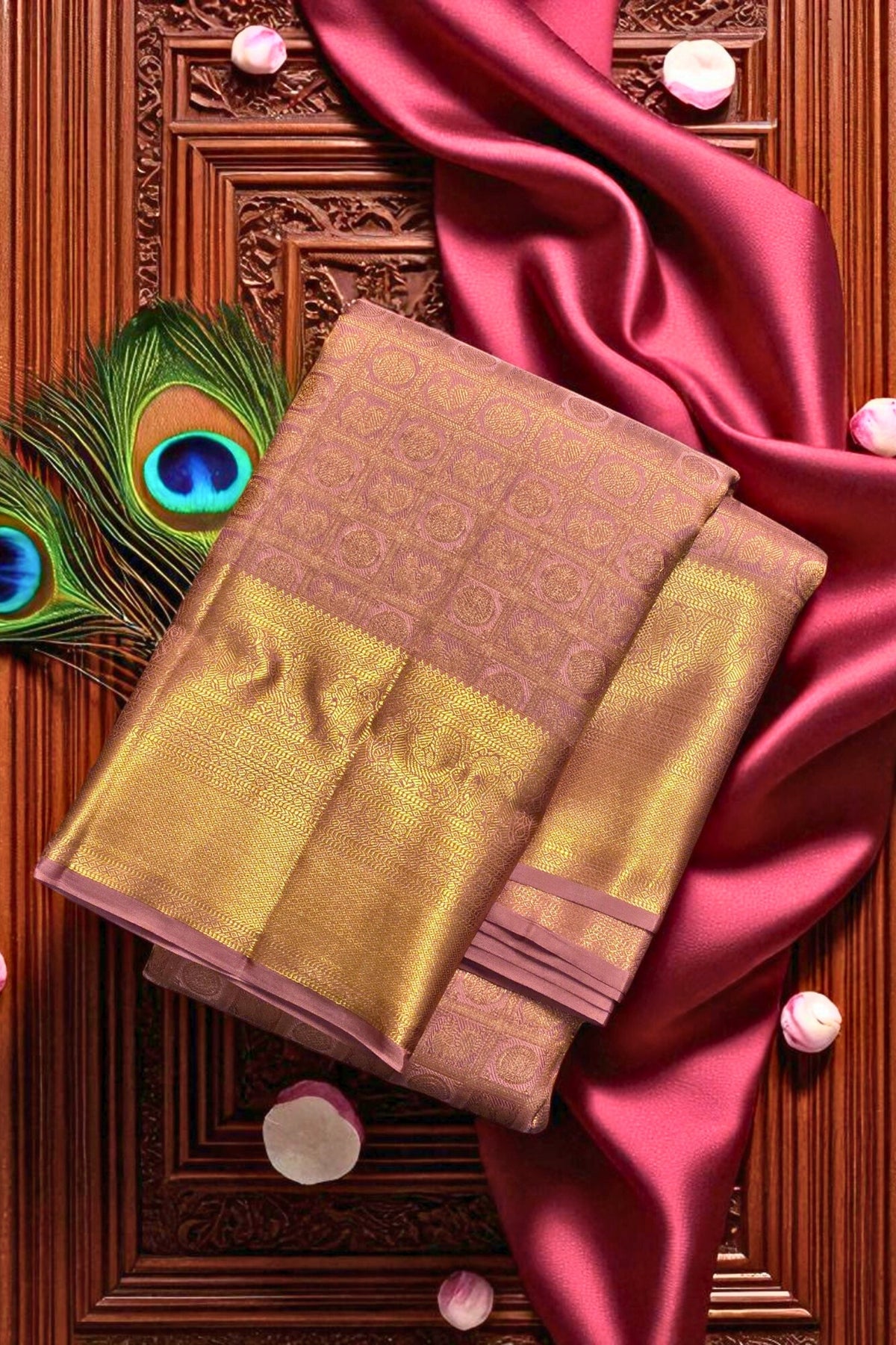 Brown and gold saree with a peacock feather on a wooden background