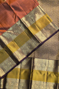 Dark Pastel Red Kanchipuram Saree with Gold and Silver Zari Border