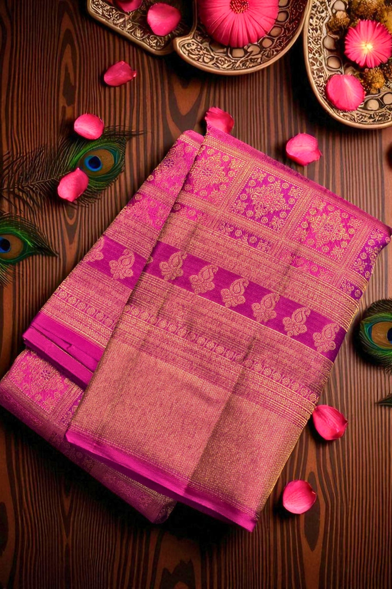 Pink and brown saree with intricate patterns on a wooden surface with decorative elements.