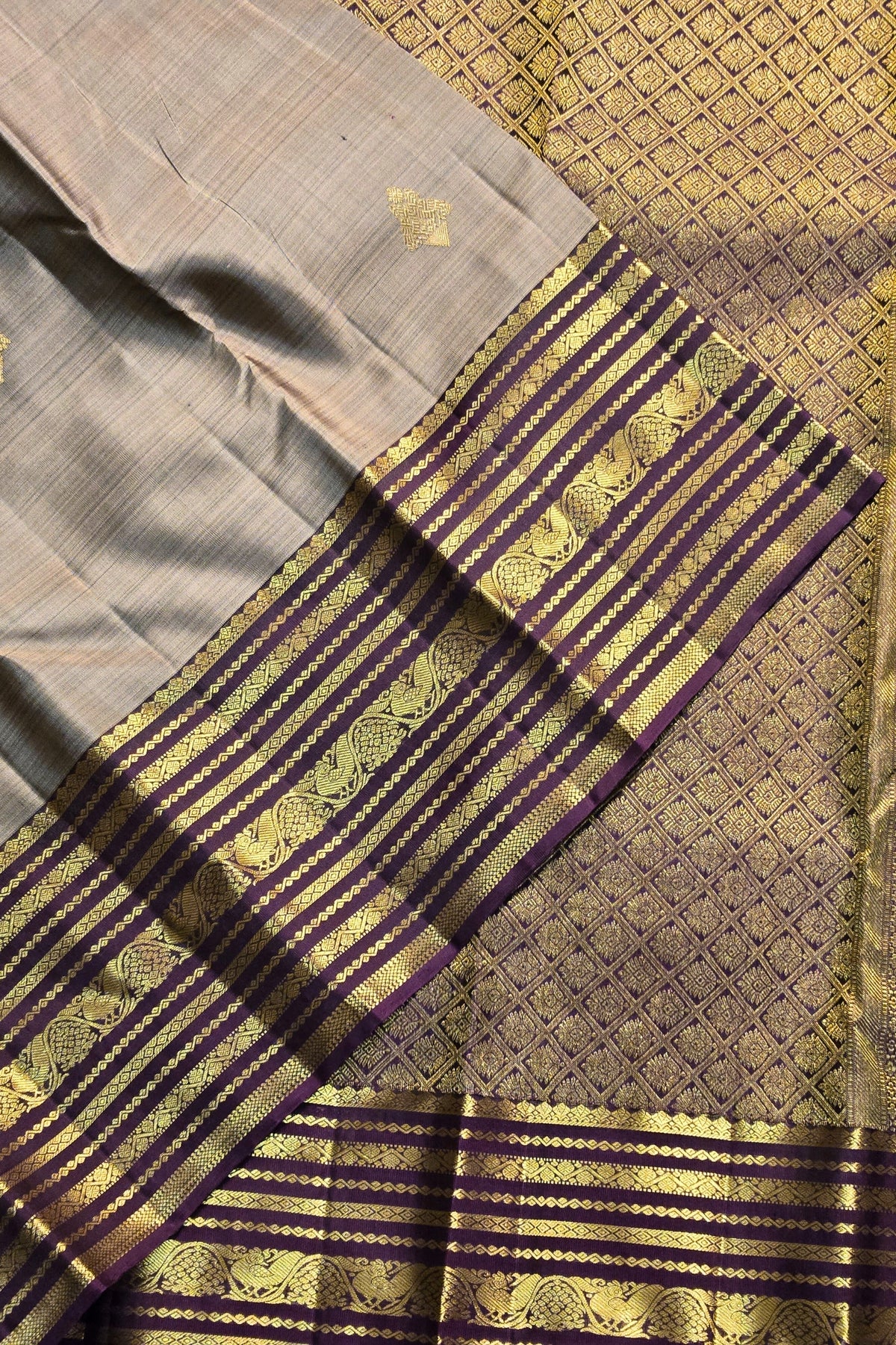 Gray saree with purple and gold border