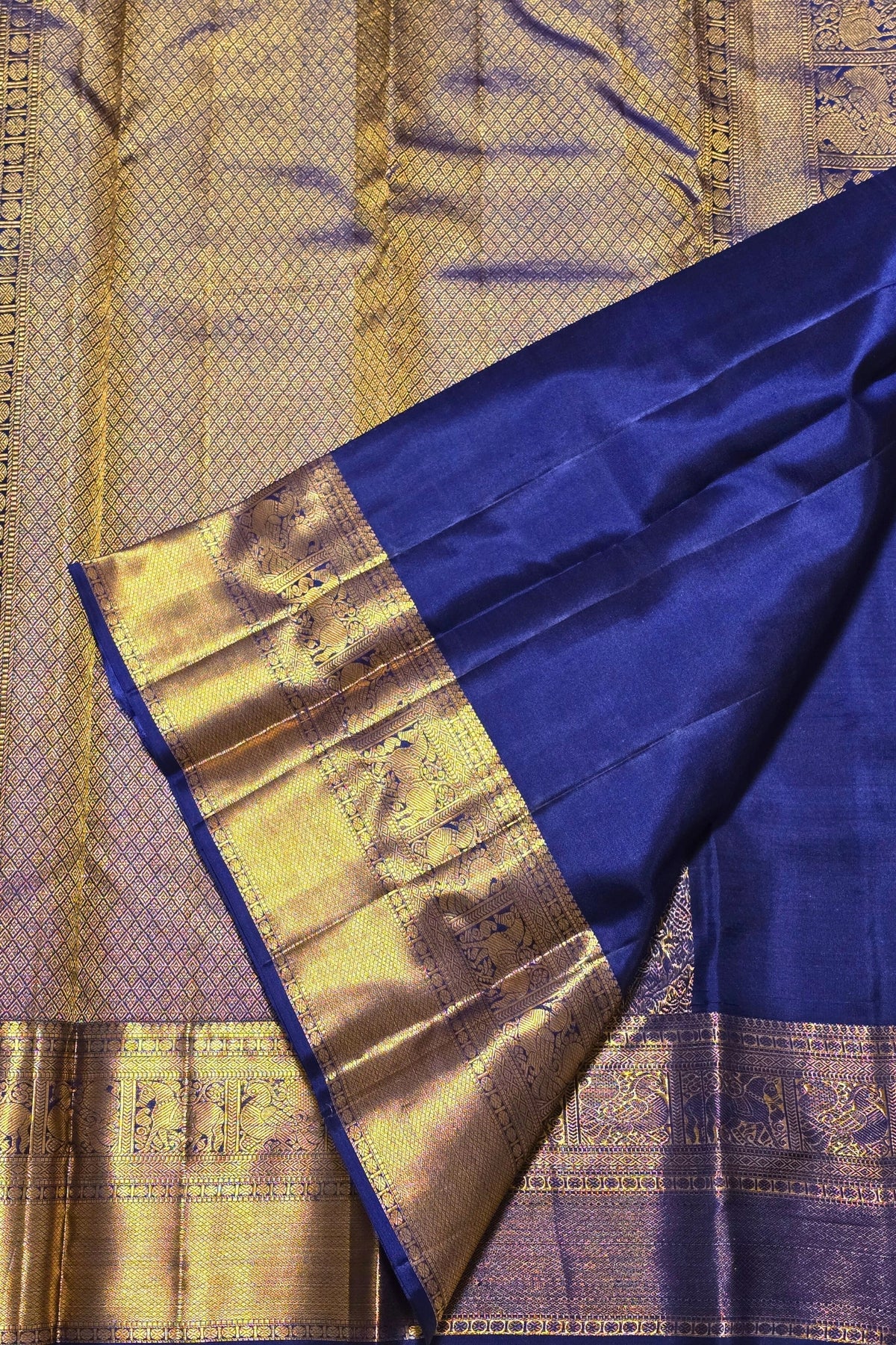 Dark Blue Kanchipuram Silk Saree with Gold Zari Elegance
